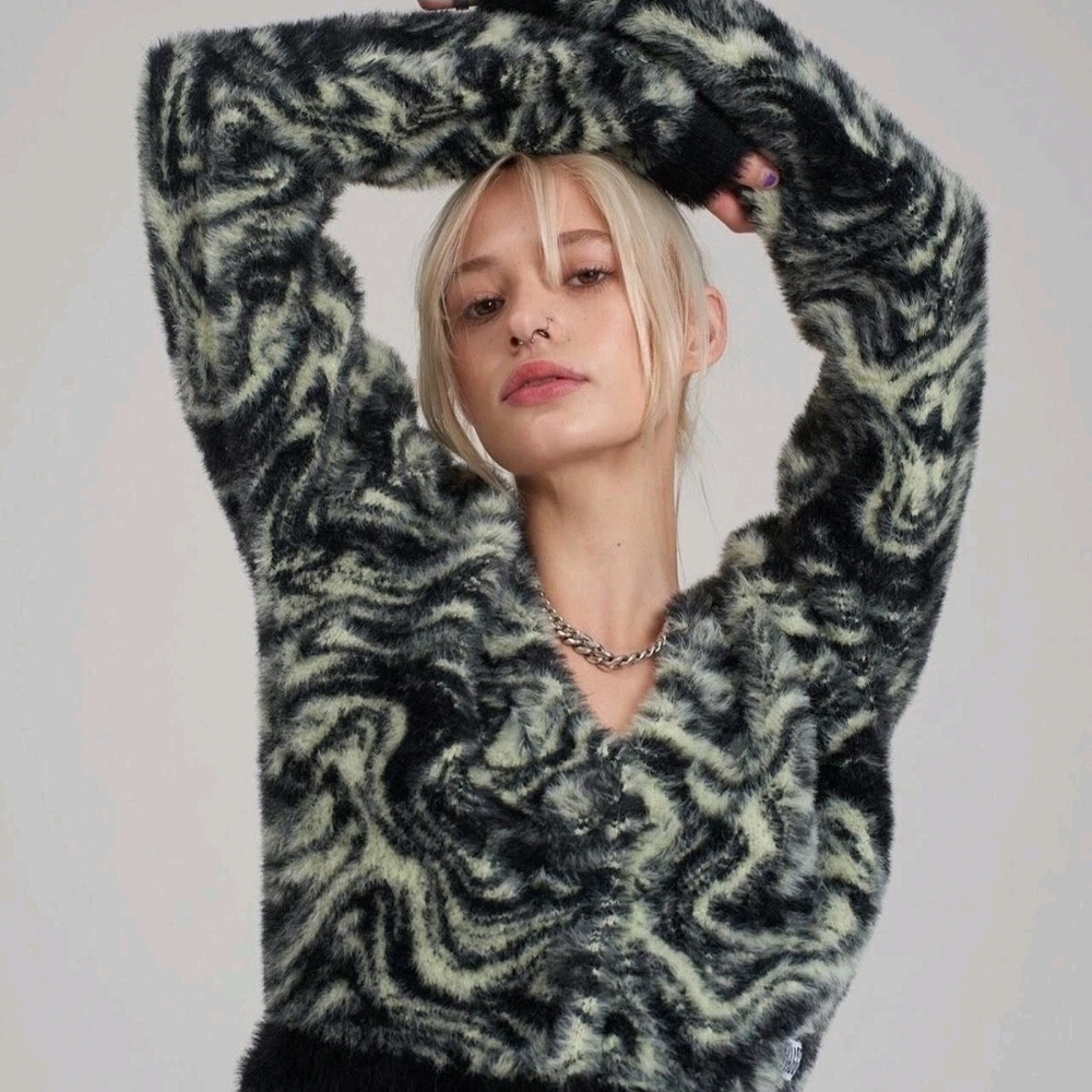 Women's Black and Green Fuzzy Cardigan